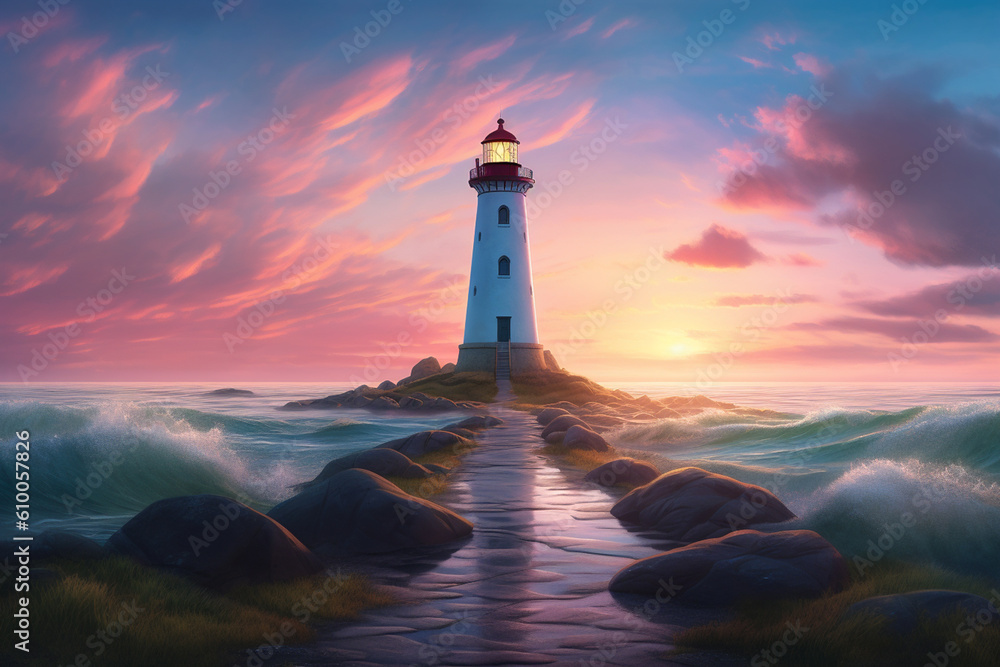 Lighthouse shining next to ocean