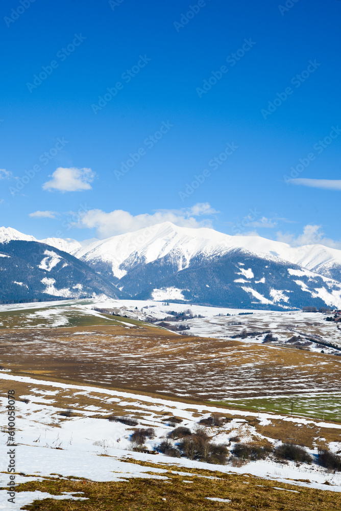 View from Nicovo to West tatras near Liptovsky Mikulas in the winter and Krivan. Slovakia, Liptov region.