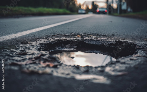 pothole on the road created with Generative AI technology photo