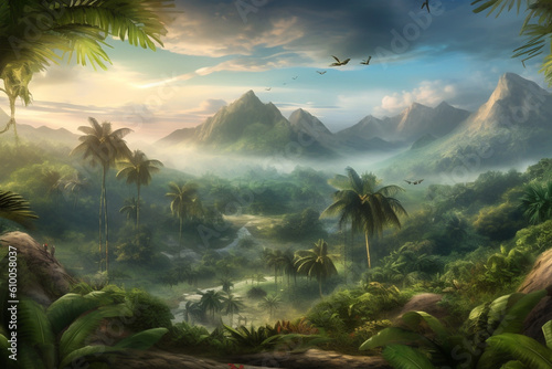 Mysterious jungle  palm trees and mountains at the top of hill with a mountain range