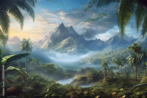 Mysterious jungle  palm trees and mountains at the top of hill with a mountain range