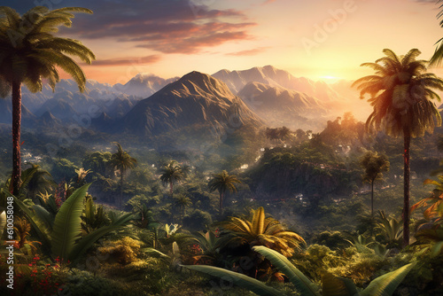Mysterious jungle, palm trees and mountains at the top of hill with a mountain range