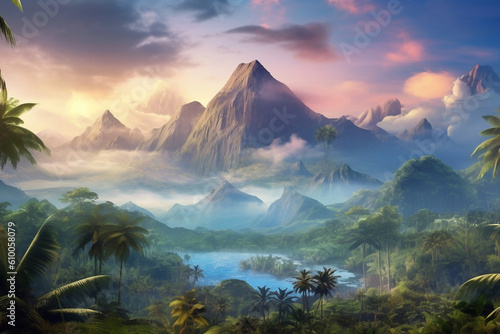 Mysterious jungle, palm trees and mountains at the top of hill with a mountain range