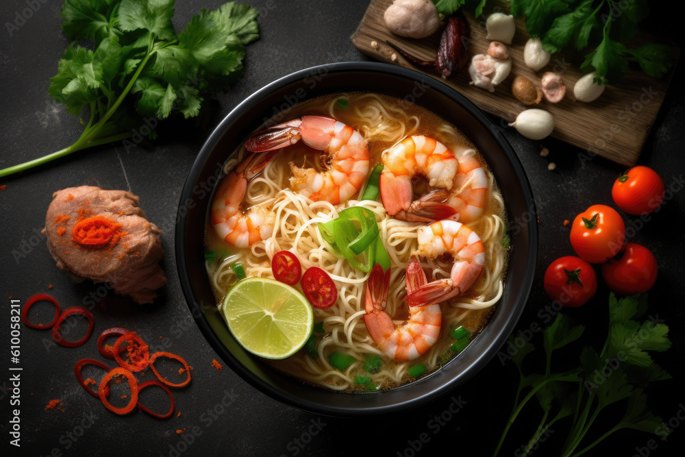 top view of Prawn Mee A flavorful noodle soup created with Generative AI technology