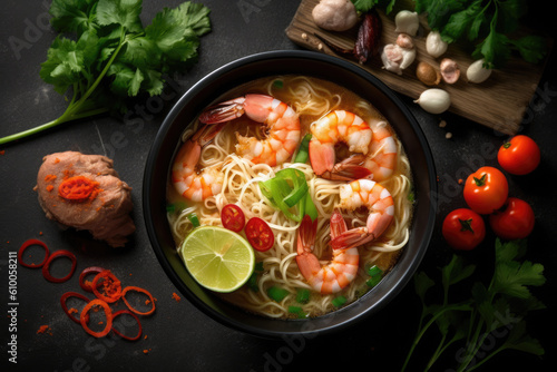 top view of Prawn Mee A flavorful noodle soup created with Generative AI technology