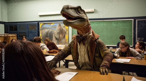 professo T-Rex in classroom created with Generative AI technology photo