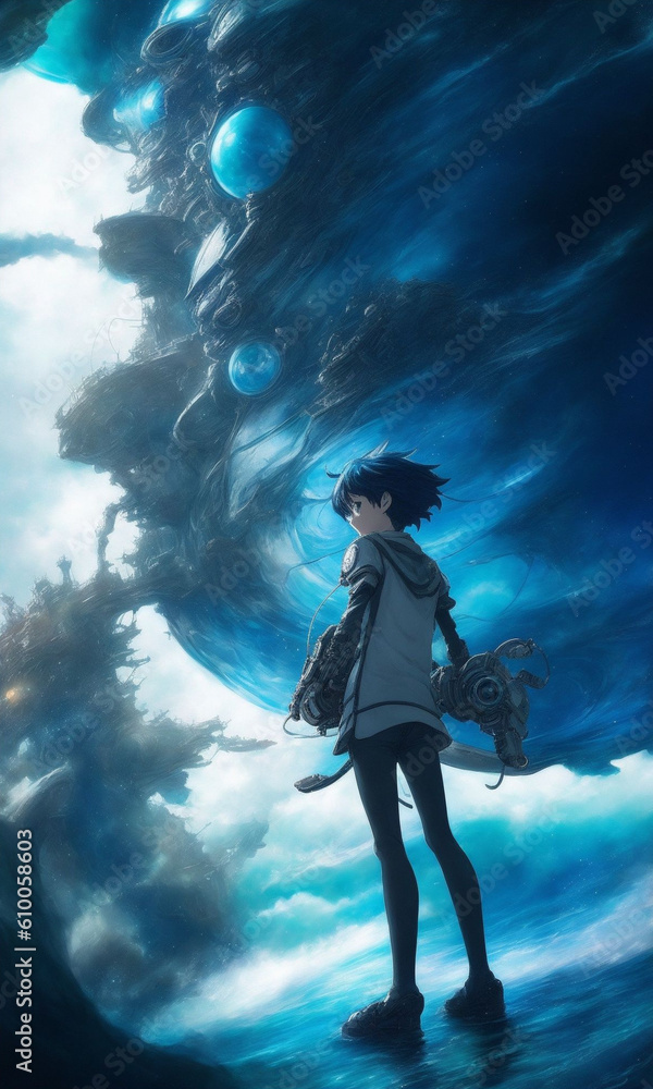 Obraz premium Manga Anime Boy Or Girl With Cyborg Weapon Arms Standing In Water With Crashing Waves and A Large Swirling Planet Above With A Sci-Fi Fantasy City Connecting To It Digital Art 