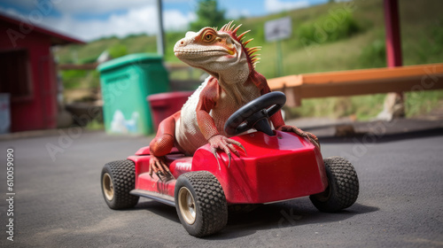 red iguana driving gocart created with Generative AI technology photo