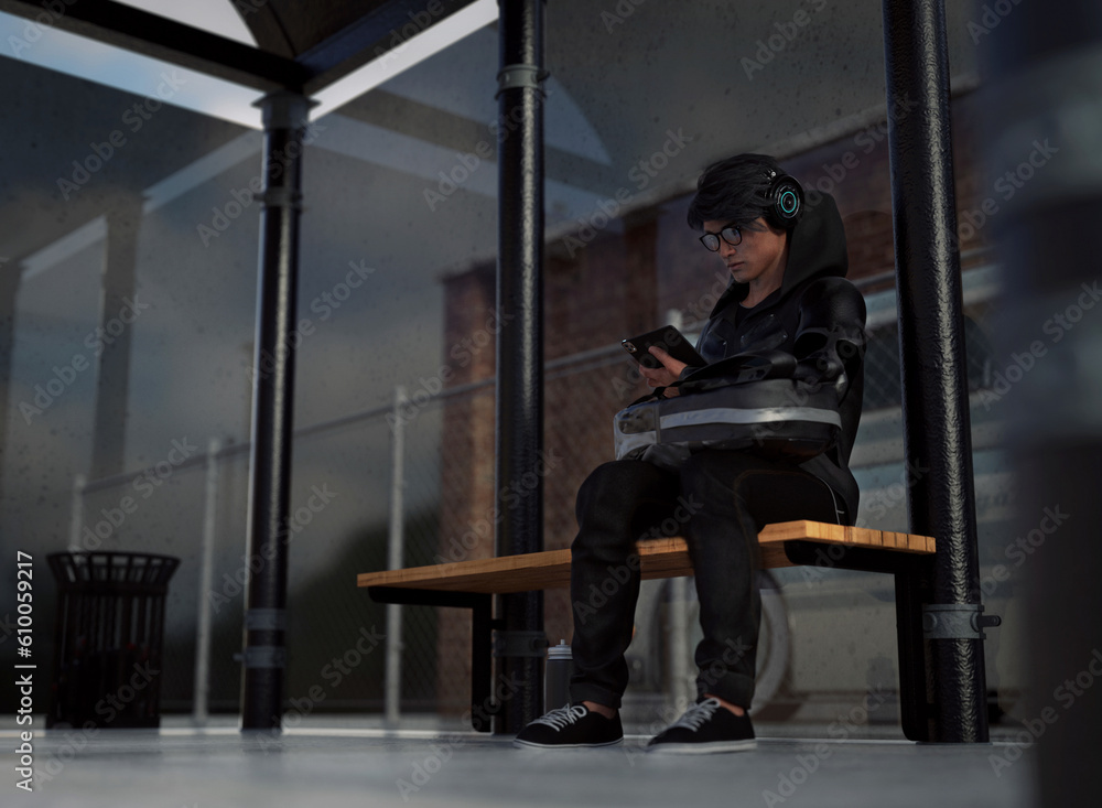 Fototapeta premium Asian guy holding a tablet and wearing a glowing headset while waiting on a bus