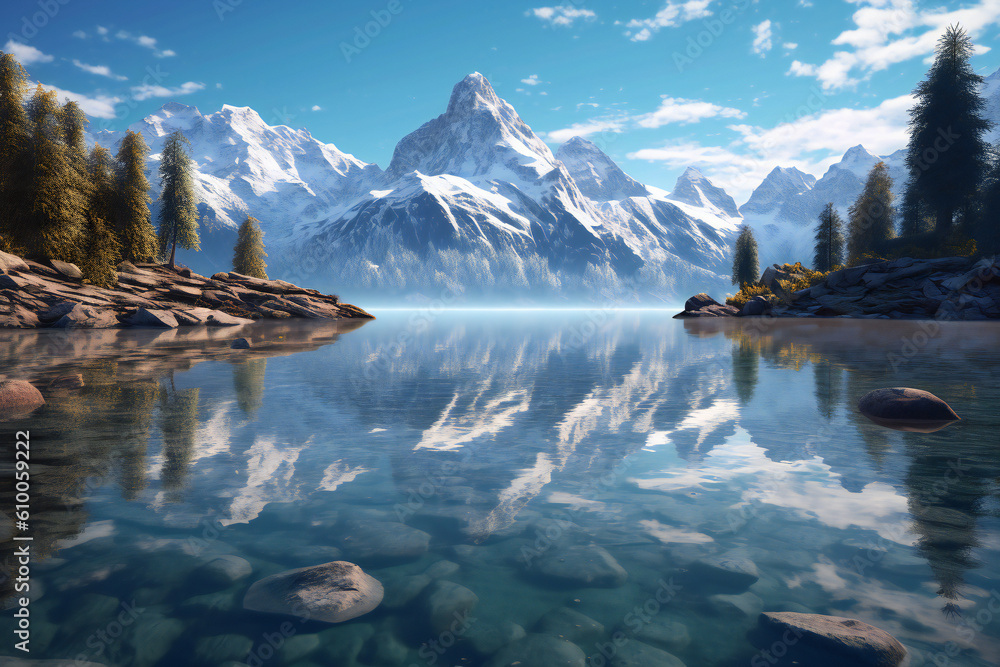 Naklejka premium Mountains Nature Paradise Embarking on an Epic Summer Adventure of Hiking, Camping, Wildlife Spotting, and Serene Alpine Landscapes The Swiss Alps, Rocky Mountain, Dolomites, Himalayas, Generative AI