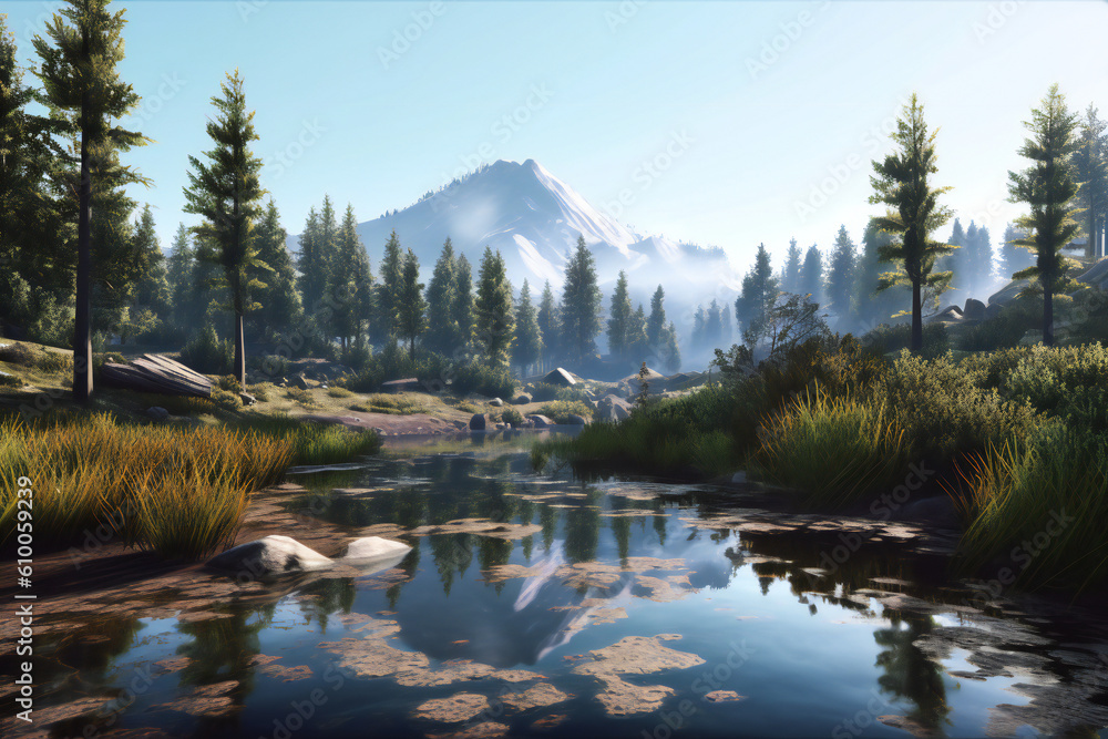 Naklejka premium Mountains Nature Paradise Embarking on an Epic Summer Adventure of Hiking, Camping, Wildlife Spotting, and Serene Alpine Landscapes The Swiss Alps, Rocky Mountain, Dolomites, Himalayas, Generative AI