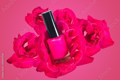 Pink nail polish on pink roses
