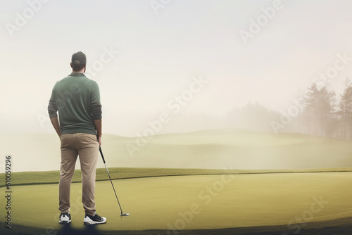 Golf player standing ready on golf course in early morning  wallpaper background banner style