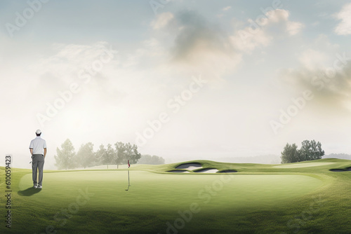 Golf player standing ready on golf course in early morning, wallpaper background banner style