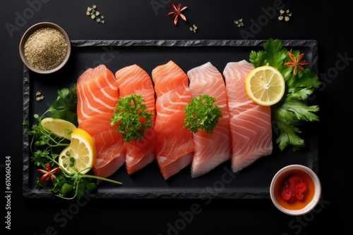 top view of Sashimi, Japanese raw fish created with Generative AI technology