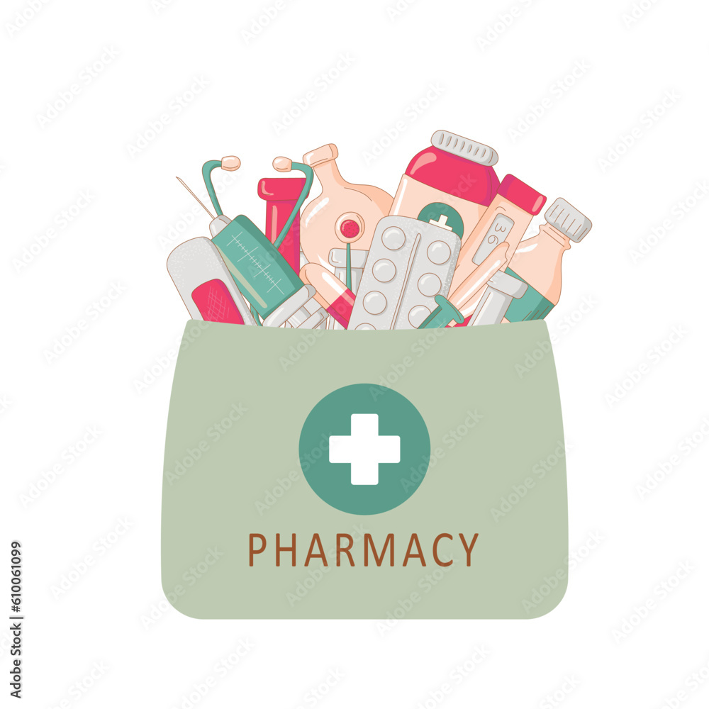 Pharmacy home delivery service. Paper bag with drugs, drugs, pills and bottles inside. Medicine and health banner. Pharmacy flat illustration. Vector illustration. Pharmacy home delivery service. Paper bag with drugs, drugs, pills and bottles inside. Medicine and health banner. Pharmacy flat illustration. Vector illustration.