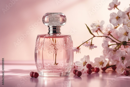 Perfume bottle with cherry blossom flowers. 