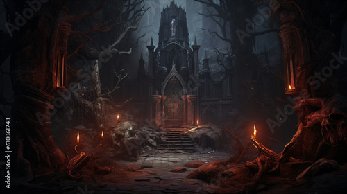 A mysterious staircase leads to a majestic castle in the heart of a dark forest.