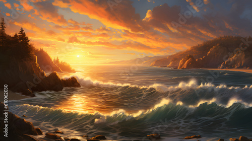 the mesmerizing beauty of a coastal landscape with a vast expanse of the ocean, golden sunlight shimmering on the water, gentle waves crashing against rocks, and a picturesque sunset