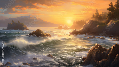 the mesmerizing beauty of a coastal landscape with a vast expanse of the ocean  golden sunlight shimmering on the water  gentle waves crashing against rocks  and a picturesque sunset