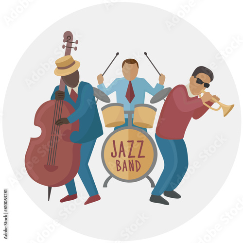 Vector illustration clipart with a group consisting of multicultural musicians of different nationalities playing music in the style of jazz