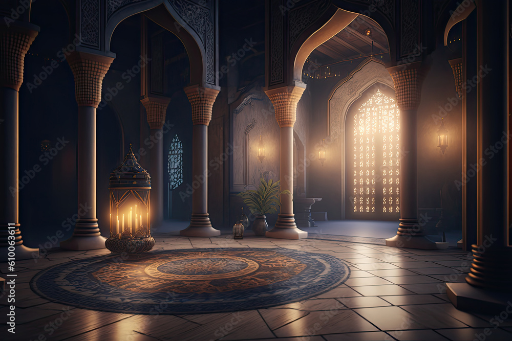 Abstract Islamic interior, lantern, candles lamp, windows, gate, arches, door. Ramadan lantern. Oriental interior at night. Generative ai illustration. Eid Mubarak Ramadan Kareem, Eid al-Adha