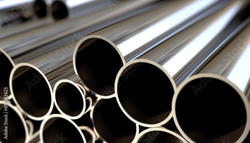 Impeccable stainless steel industrial collection, bars, pipes, rolls. Generative IA
