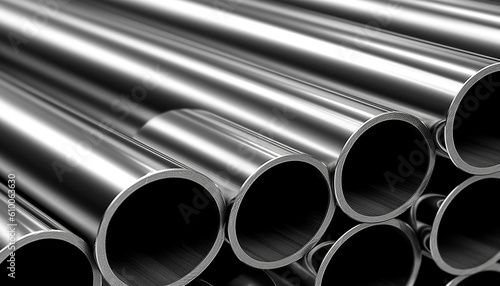 Impeccable stainless steel industrial collection, bars, pipes, rolls. Generative IA