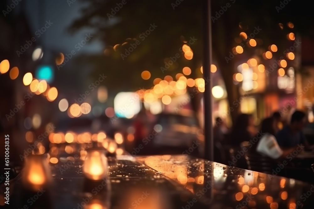 Leisure, travel, vacation concept. Bokeh background of street bar or restaurant outdoor. People sitting and chill, hang out, taking dinner and listen music. Blurred bokeh background. Generative AI