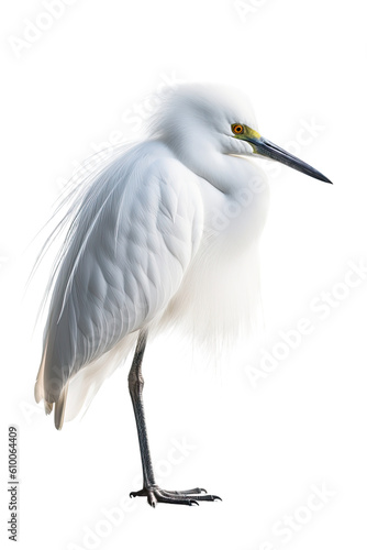 close up of a snowy egret isolated on a transparent background
