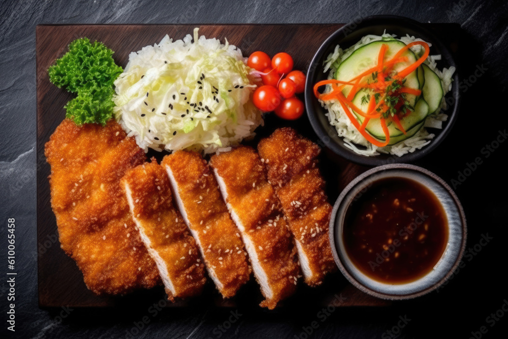 top view of tonkatsu, Japanese deep fried pork created with Generative AI technology top view of tonkatsu, Japanese deep fried pork created with Generative AI technology