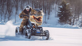 person riding t-rex snowmobile