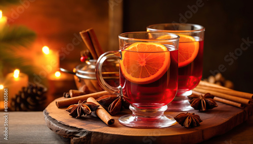Mulled Wine Drink served warm for the winter with spices: cloves, cinnamon, and orange. Generative IA