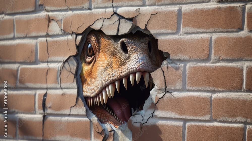 Obraz premium T Rex behind crack wall created with Generative AI technology