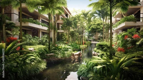 tropical garden condominium created with Generative AI technology © Poprock3d