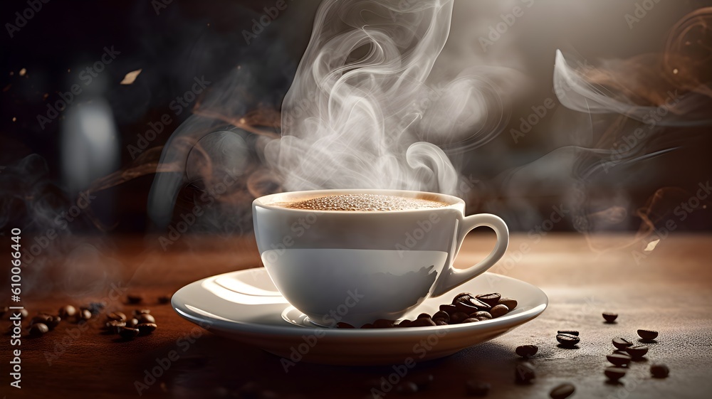Fototapeta premium the aroma and warmth of a comforting cup of coffee, capturing the steam rising from a perfectly brewed cup with a close-up lens, invoking a sense of relaxation and indulgence, Generative AI