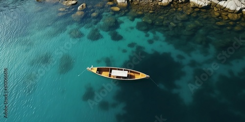 A small boat in clear water next to a stone shore, view from above. Created with generative AI tools © Jūlija