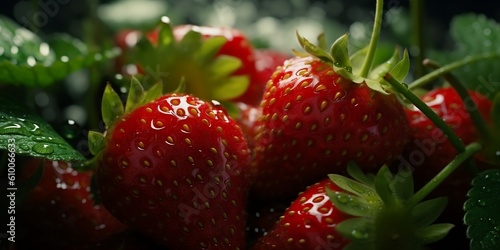 Close-Up Of Juicy Berries Of Red Strawberries Grown In Garden. Created with generative AI tools