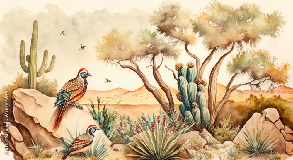 Watercolor painting, landscape, desert of Mexico, trees and birds in cactus, Generative AI