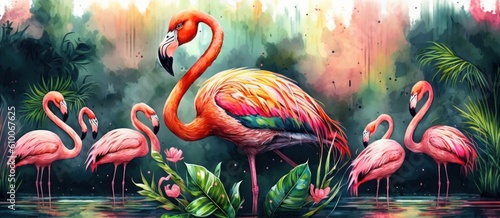 Pattern wallpaper digital watercolor painting of a flamingo in the middle of tropical lakes in bright colors, Generative AI
