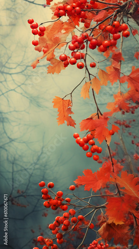 A bunch of red berries hanging from a tree. Generative AI.