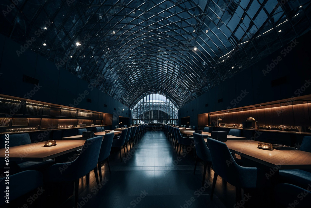 Organic fancy restaurant and bar. Dark blue color palette. Centered perspective. Interior Design