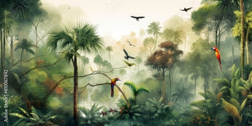 Wallpaper of a natural view of the rainforest of banana and palm trees  in consistent colors with birds  butterflies and parrots  Generative AI