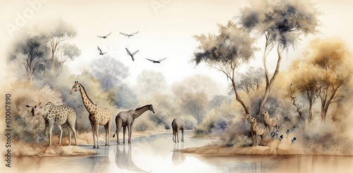 Watercolor painting style  high quality digital art  landscape on an African tropical jungle with trees next to a river with giraffes  elephants and birds  Generative AI