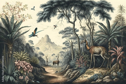 Jungle wallpaper  tropical forests with valleys  deer  colorful birds and butterflies in a vintage landscape drawing  Generative AI