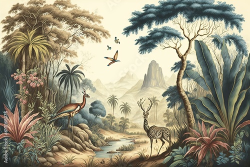 Jungle wallpaper, tropical forests with valleys, deer, colorful birds and butterflies in a vintage landscape drawing, Generative AI © Rajiv