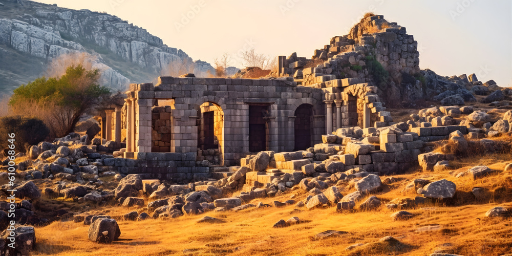 Obraz premium Ancient Ruins: The remains of an old temple or castle set against a beautiful natural landscape. Generative ai.