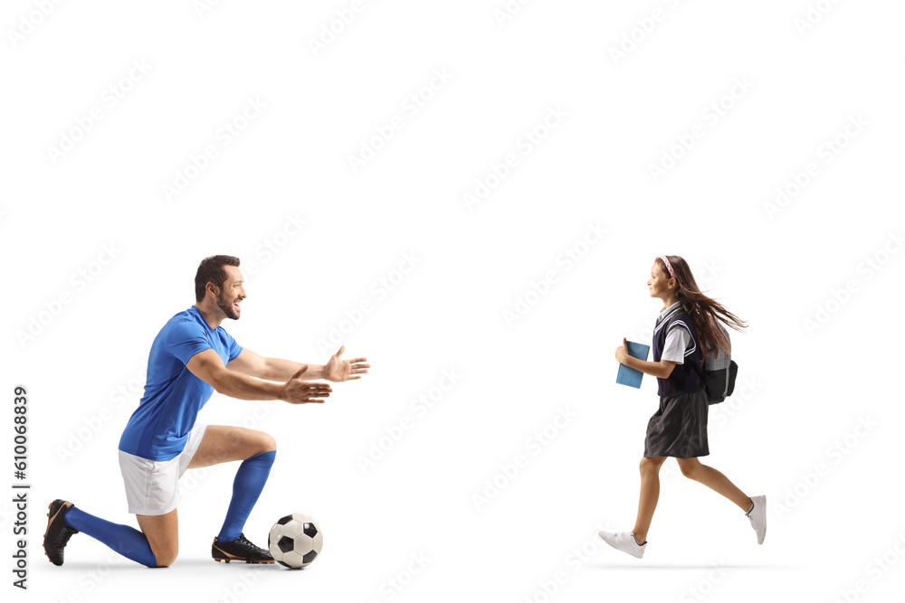 Schoolgirl running to hug a football player Schoolgirl running to hug a football player