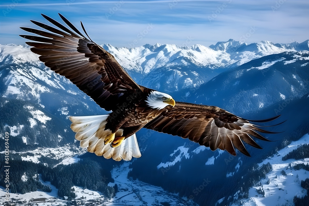 Obraz premium Bird's Eye View: A soaring bald eagle in flight over a mountain range. Generative ai.
