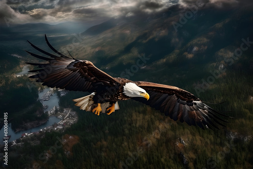 Wallpaper Mural Bird's Eye View: A soaring bald eagle in flight over a mountain range. Generative ai. Torontodigital.ca